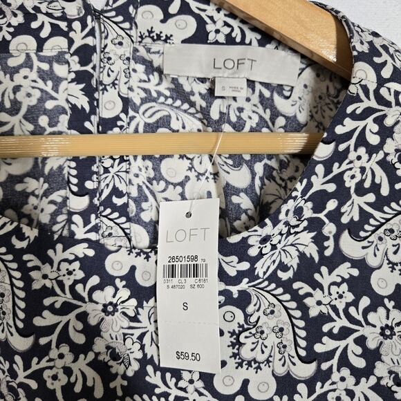 Loft Belted Top Sz S Blue White Floral Print Back Keyhole Long Sleeve Button - Picture 8 of 13